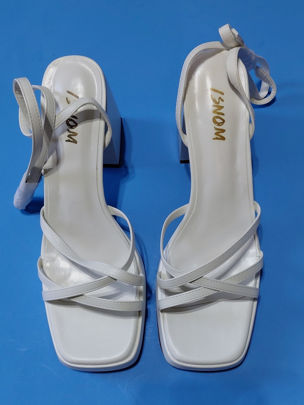 ISNOM Women's White Lace Up Strappy Platform Block Heels Sandals Size 9.5